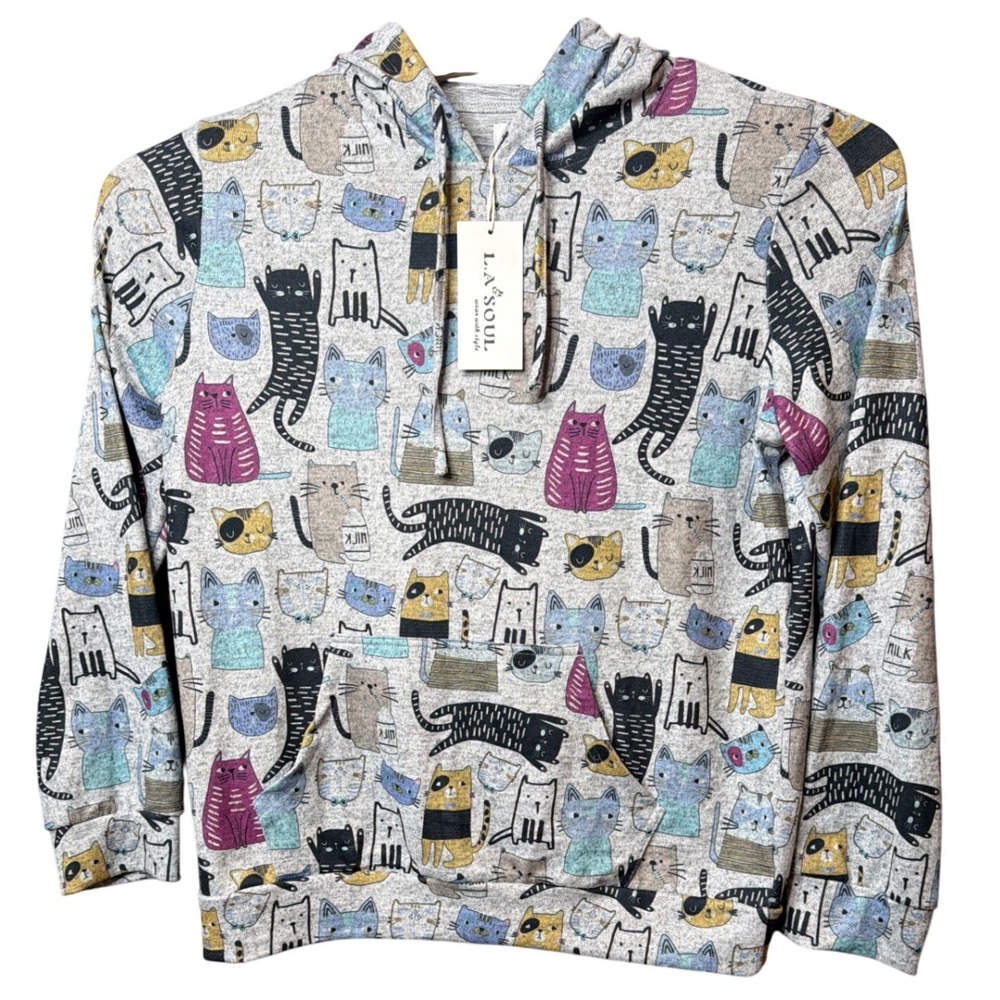 L.A. Soul Hoodie Womens XL HD-345 Light Grey Cat Print L.A. Soul NEW